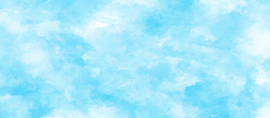 blue and white watercolor paint splash or blotch with sky blue stains, grunge Light blue background with watercolor, watercolor scraped grungy paper texture, Blue sky is surrounding with tiny clouds.