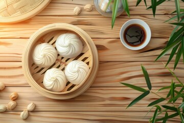 Fototapeta na wymiar Dumplings in bamboo basket with coffee, perfect for food and drink concepts