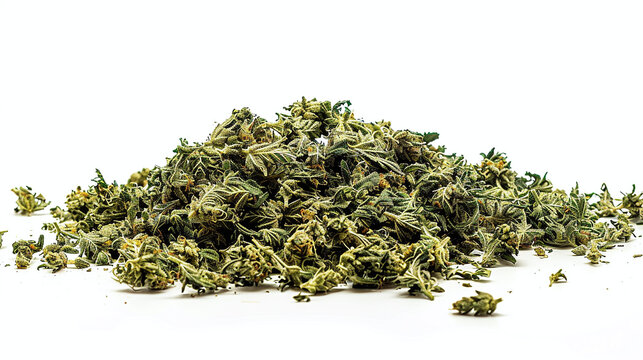 chopped or crushed marijuana flowers on white background, weed consumption, alternative medicine CBD