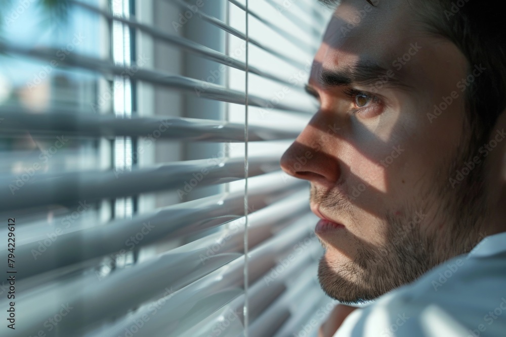 Aufkleber a man looking out of a window with blinds, suitable for various concepts and designs
