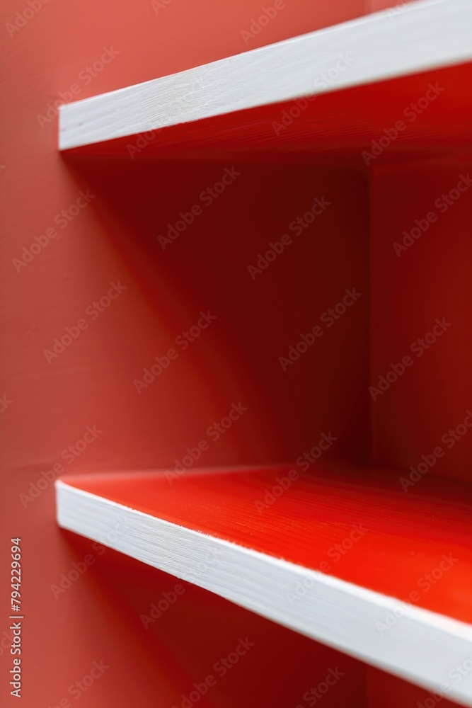 Poster close up of a red shelf with white shelves. perfect for interior design projects