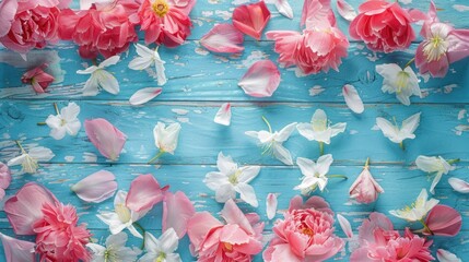 An artistic floral abstract on a blue wooden backdrop featuring a delightful pattern created from...