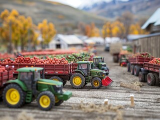 A farm scene with several toy tractors and a large pile of apples. The tractors are green and yellow, and the apples are red