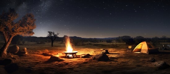 silence at night in a mountain valley accompanied by a simple tent and campfire and the stars starting to shine - obrazy, fototapety, plakaty