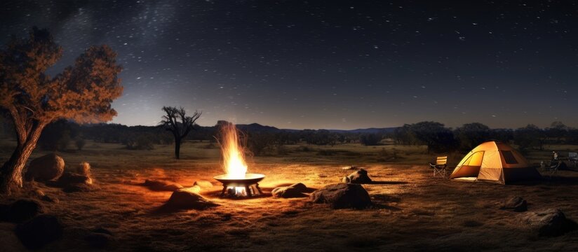 silence at night in a mountain valley accompanied by a simple tent and campfire and the stars starting to shine