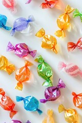 A variety of candy wrapped in vibrant colors. Perfect for sweet treat concepts