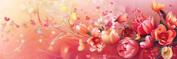 Painting of Flowers and Butterflies on a Pink Background - obrazy, fototapety, plakaty
