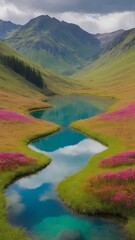 A small lake surrounded by green meadows high in the mountains. Generative AI, Generative, AI