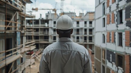 Rear view of builder inspector at construction site, worker's day, labor day