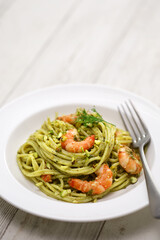 Sicilian pasta with pistachio pesto and shrimp, Italian cuisine