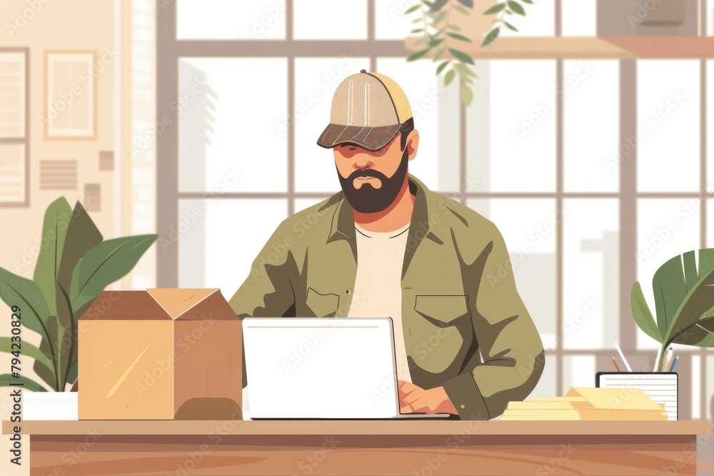 Poster a man sitting at a desk with a laptop. suitable for business and technology concepts