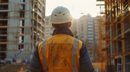 Rear view of builder inspector at construction site, worker's day, labor day