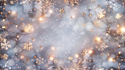 A whimsical and enchanting Christmas background adorned with sparkling snowflakes and twinkling fairy lights