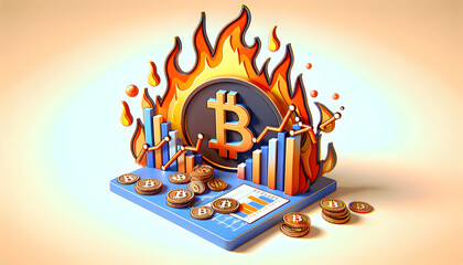 Fiery Bitcoin Market Meltdown: 3D Flat Icon with Abstract Chart Wallpaper