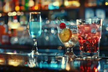 cocktail drinks in a bartender table, bar, lounge - obrazy, fototapety, plakaty