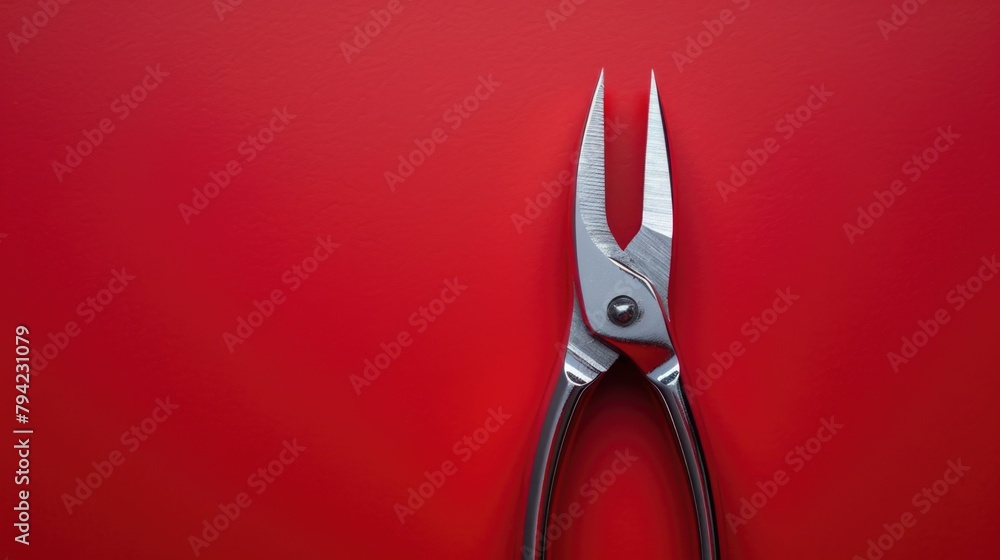 Poster pair of scissors on bright red background. perfect for office or crafting themes