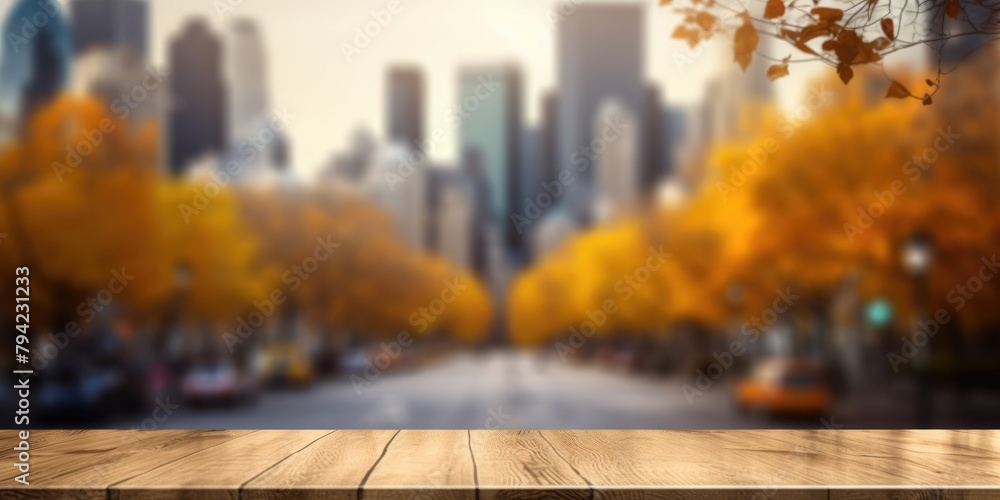 Poster the empty wooden table top with blur background of business district and office building in autumn. 