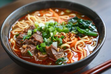 Chinese noodle with broth , beef meat and spring onion