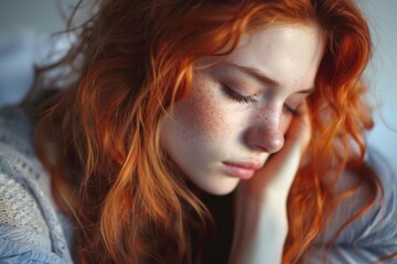 Sleepless Nights: Beautiful Young Redhead Woman with Traumatic Stress Disorder Struggling to Sleep