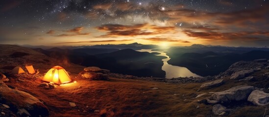 silence at night on the top of a mountain accompanied by a simple tent and campfire and the stars starting to shine - obrazy, fototapety, plakaty