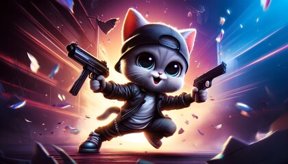 A cartoon cat is holding two guns and is running. Scene is playful and lighthearted