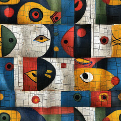  pattern inspired by Madhubani art, characterized by eye-catching geometrical patterns. Use motifs like fish, birds, turtles, and Hindu deities, outlined in bold black with fills of bright, unmixed co