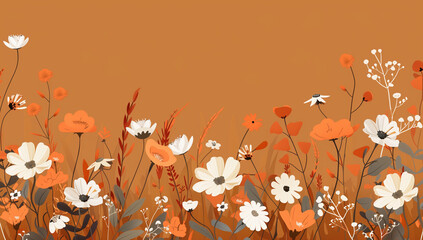 vector flat illustration of a field with wild flowers on a brown background, Generative AI - obrazy, fototapety, plakaty