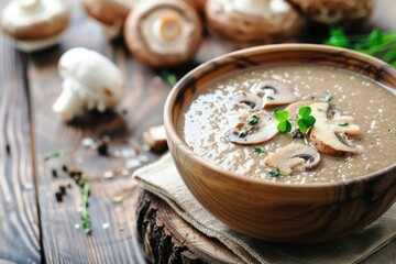 Obraz na płótnie Canvas A bowl of mushroom soup on a rustic wooden table. Perfect for food blogs and recipe websites