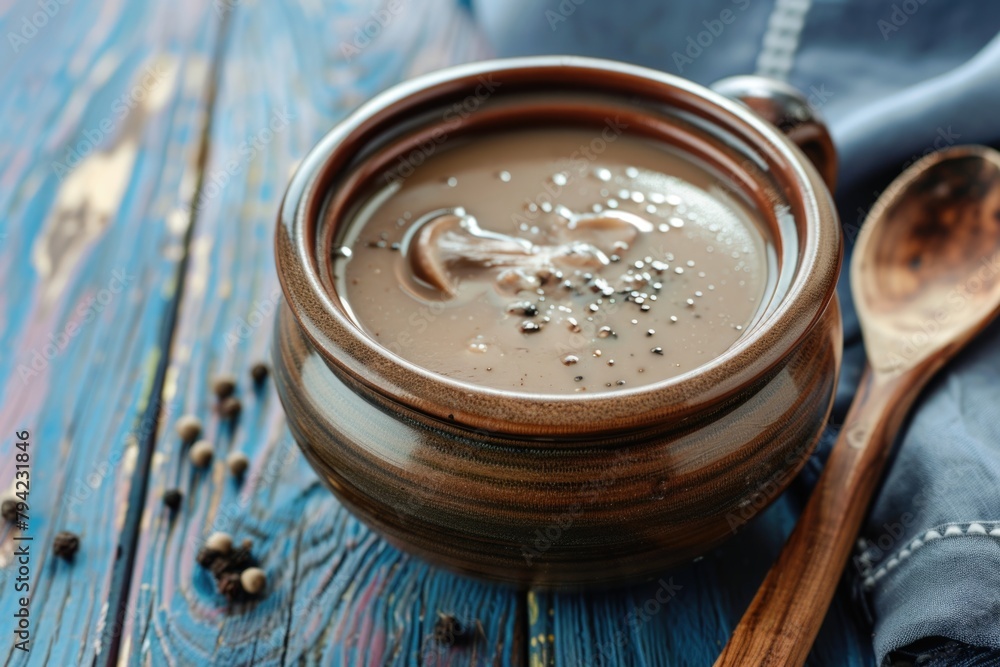 Poster a simple and inviting image of a bowl of soup with a spoon, suitable for various food-related concep
