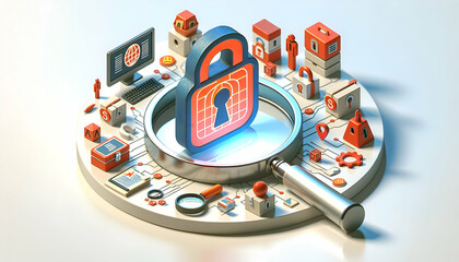 Isometric 3D Icon: Magnifying Glass Enforcing Strong Encryption Practices Across Digital Platforms