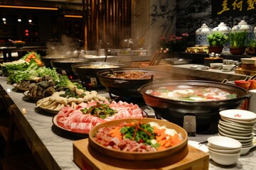 Obraz premium hot pot restaurant with A table of delicious hot pot food