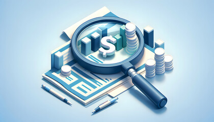 3D Financial Magnify: Magnifying Glass Analyzing Stock Market Isometric Scene