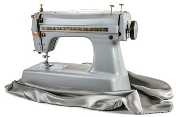 A silver sewing machine placed on a cloth, perfect for fashion or DIY projects