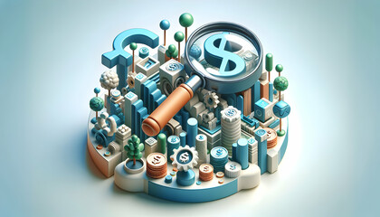 3D Magnifying Glass Reveals Hidden Financial Opportunities in Abstract Isometric Scene