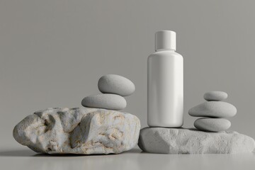 Fototapeta na wymiar A bottle of lotion placed on a stack of rocks. Suitable for beauty and skincare concepts