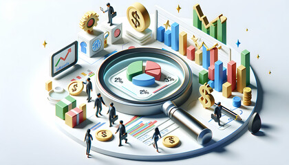3D Icon: Magnified Financial Metrics Backdrop for Clear Understanding in Isometric Scene