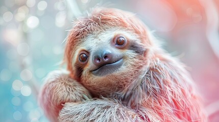 Naklejka premium A cute baby sloth is smiling and looking at the camera. The image has a warm and friendly mood, and it's a great representation of the cuteness of these animals