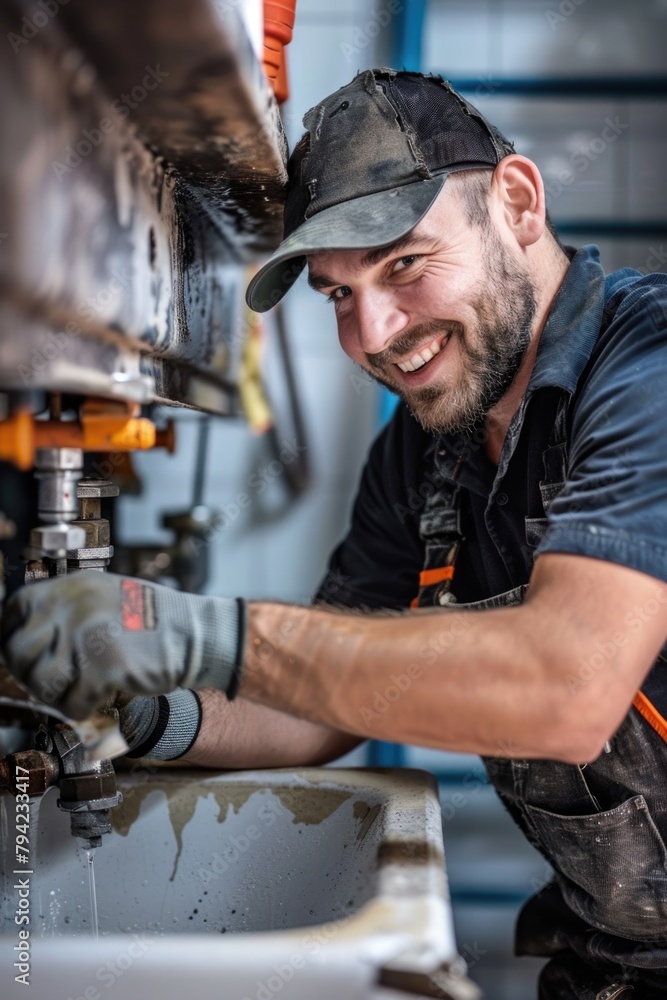Poster a man operating machinery in a factory, suitable for industrial concepts