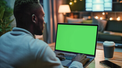 Laptop is used by a man looking at a green screen. Freelancer is seen working remotely from home. He is typing on the keyboard, and browsing internet close up