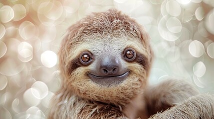 Obraz premium A cute baby sloth is smiling and looking at the camera. The image has a warm and friendly mood, and it's a great representation of the cuteness of these animals