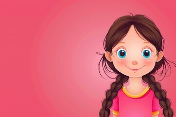 Cute cartoon girl with braids and pink shirt, perfect for children's books or educational materials
