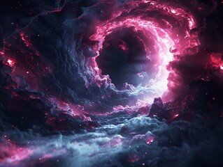 Picture a black void in space, where neon lights flicker and dance, illuminating the realm and offering a beacon of hope to those who seek help 8K , high-resolution, ultra HD,up32K HD