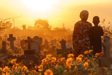 African mother with kid visiting grave in cemetery at sunset in Africa.
