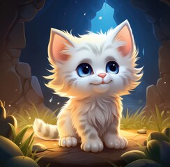 White Kitten With Blue Eyes Sitting on a Rock