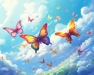 Delicate rainbow butterflies flutter on a blue sky with clouds.