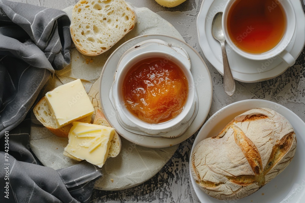 Poster a table set with plates of food and a cup of tea. suitable for food and beverage concepts