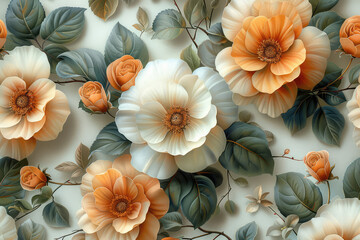 3D floral wall mural, orange and cream colored flowers. Created with Ai