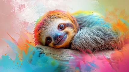 A cute baby sloth is smiling and looking at the camera. The image has a warm and friendly mood, and it's a great representation of the cuteness of these animals