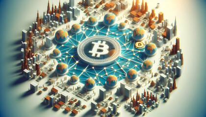 Futuristic Bitcoin Ascendancy: Abstract Stock Photo of Bitcoin Symbols Against Financial District Skyline