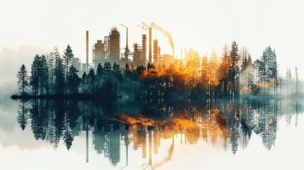 Dawn breaks over a mist-covered river with the silhouettes of industrial structures reflected on the water. - obrazy, fototapety, plakaty